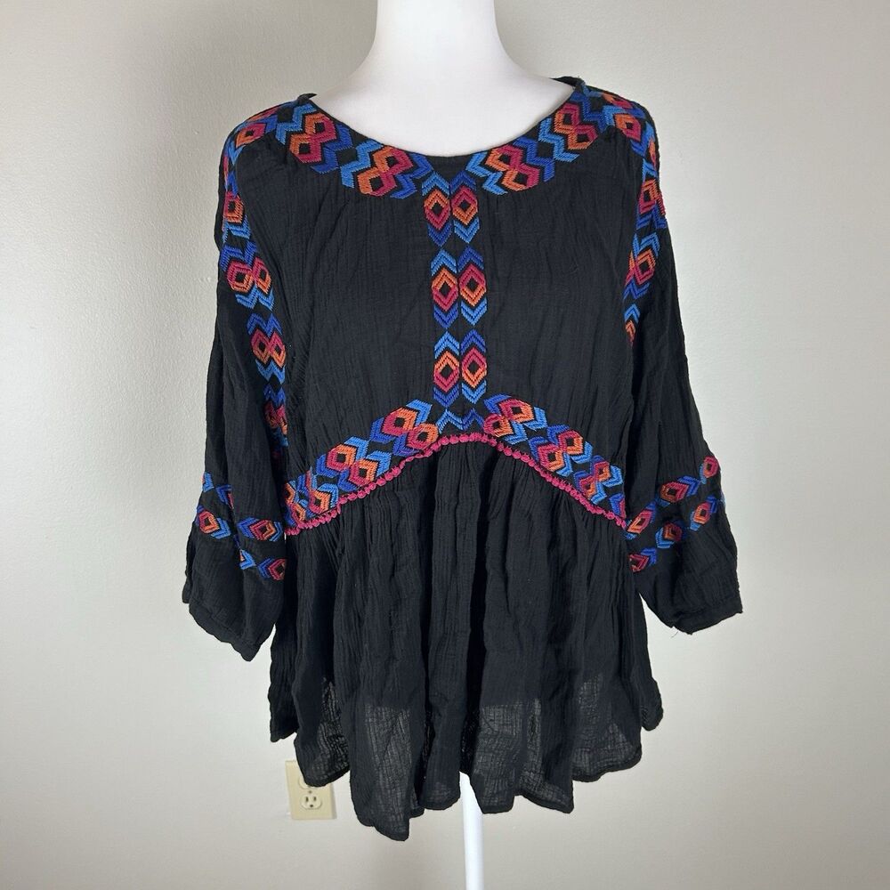 Savanna Jane 1X Embroidered Top Blouse Aztec Tribal Western Country Black